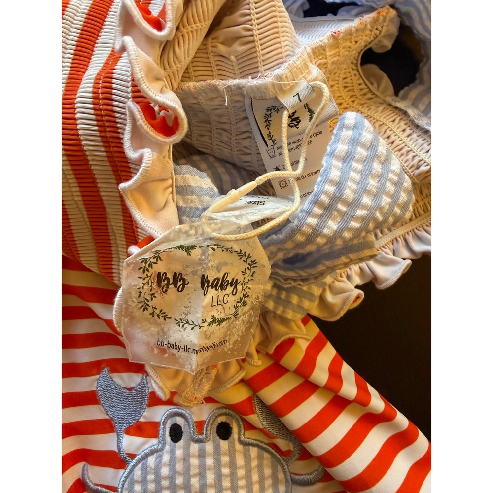 BB Baby Crab Smocked Sundress Girls Size 7 Striped Bow Sleeves Summer Resortwear - Picture 5 of 15